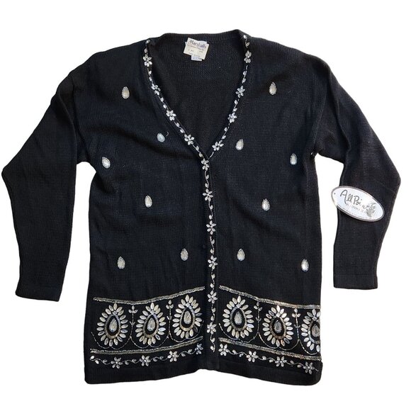 Vtg 1990s All Points Black Beaded Cardigan NWT, Silver Jeweled Ramie Cotton Knit - Picture 2 of 7